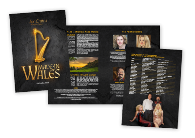 A4 bilingual touring theatre show programme for Made in Wales, a touring show of Welsh music and poetry
