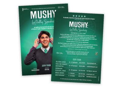 Theatre leaflet design for British Asian new theatre show Mushy featuring commissioned photography A5 front and back