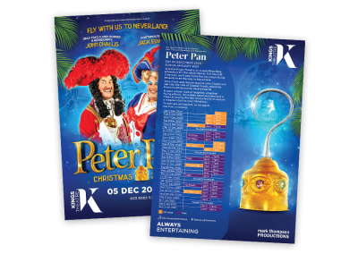 Theare flyer front and back design for the pantomime Peter Pan at Portsmouth theatre Christmas 2020
