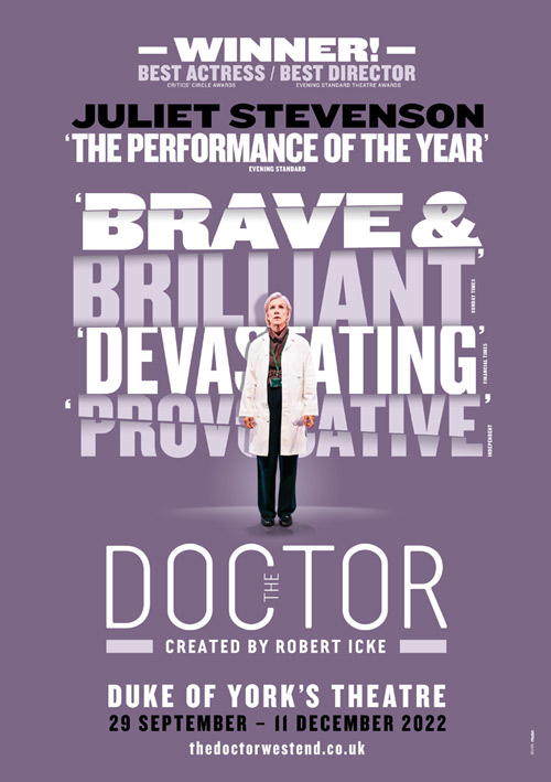 Juliet Stevenson on a poster design for the play The Doctor at the Duke of York's Theatre, London, UK
