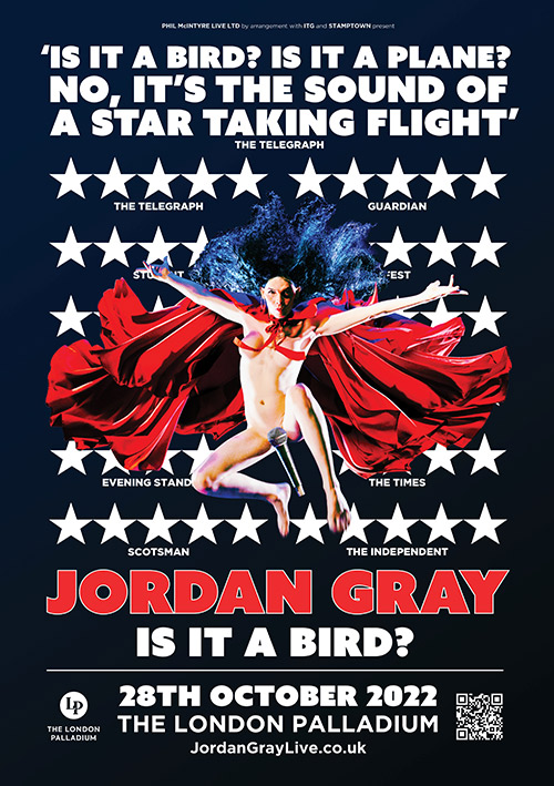 A poster design for Jordan Gray's performane at the London Palladium