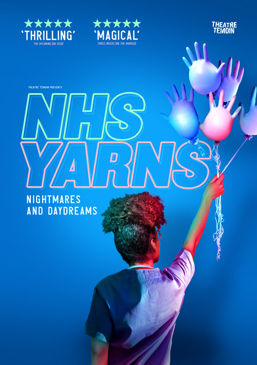 Poster design for NHS Yarns, featuring a woman holding balloons made of surgical gloves