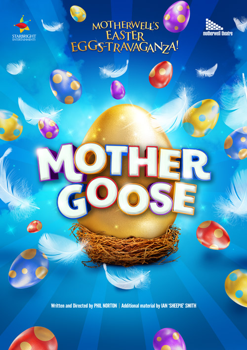 Mother Goose children's show theatrical poster design with golden egg